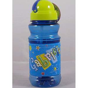 Plastic sports bottle with relief written